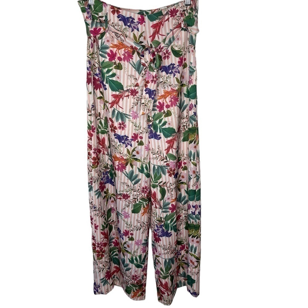 Gianni & Bini Striped Floral Wide Leg Belted Pants | Size 8 - Picture 3 of 13